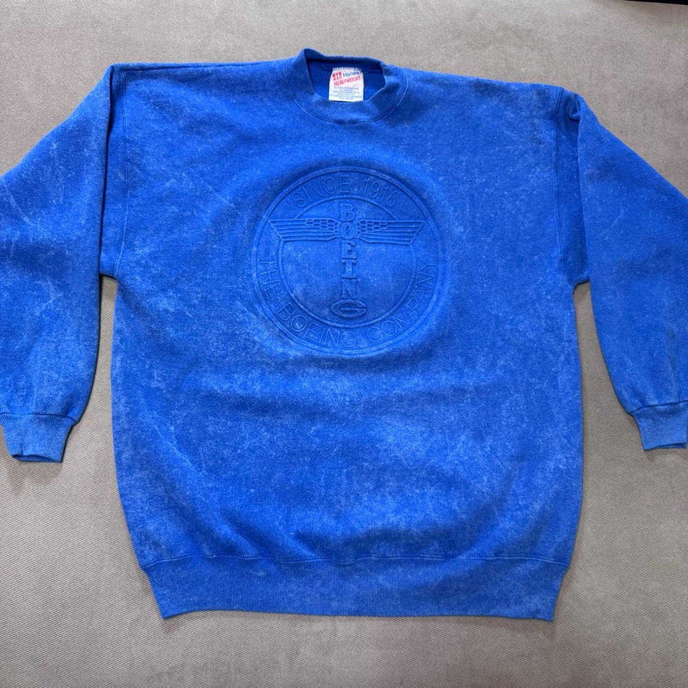 Vintage Hanes Heavyweight Boeing Embossed Logo Sweater Blue Acid Wash Size 2X